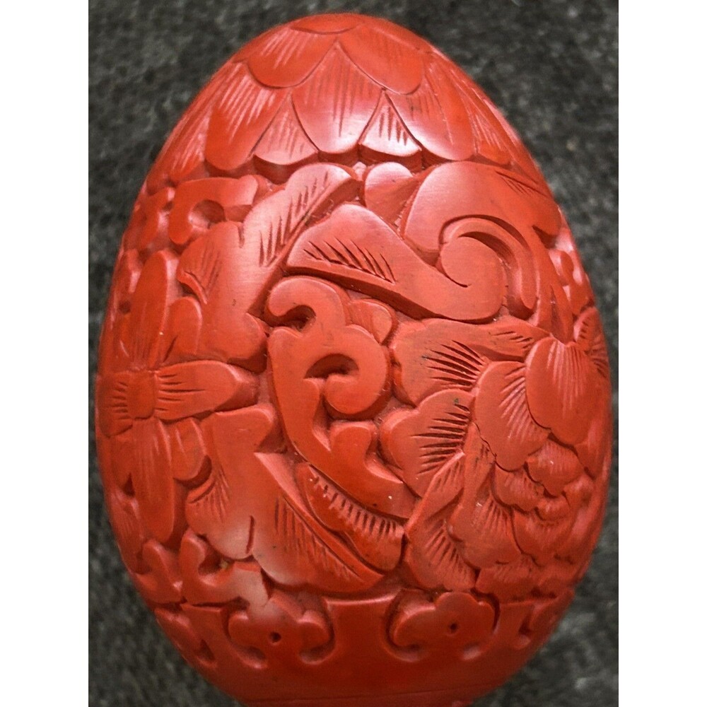 Vintage Chinese Hand Carved Red Cinnabar Egg Figurine Lillian Vernon
